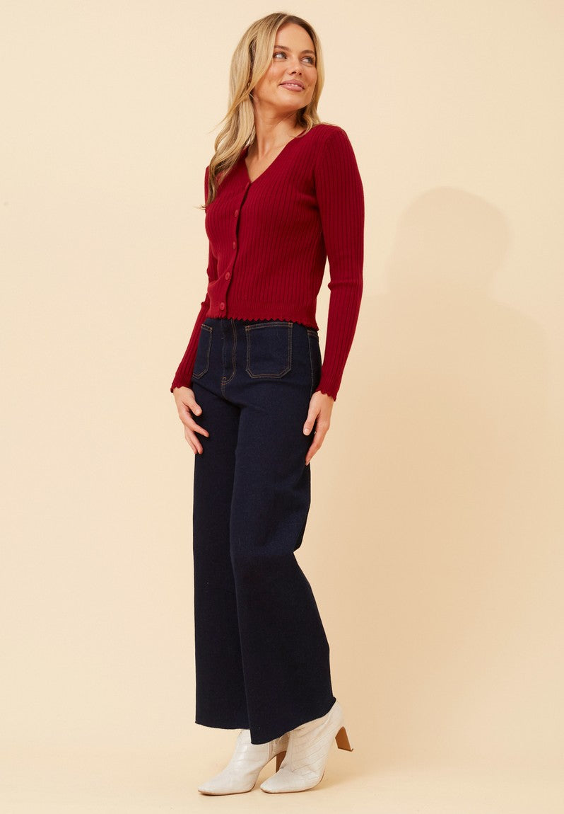 Stella Morgan Long Sleeve Cardigan Round Neck Cropped In Red