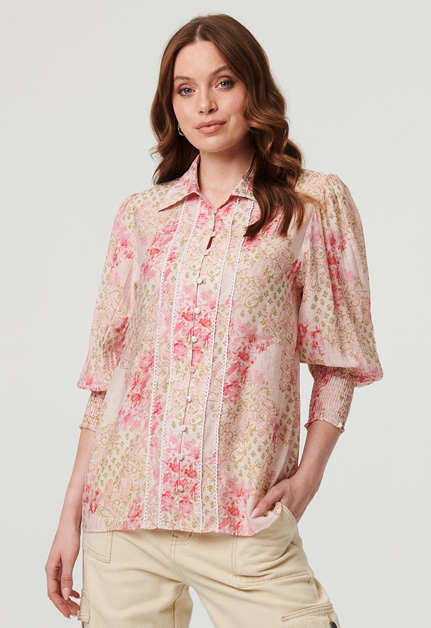 Mandi Womens Long Sleeeve Button Through Sheer Blouse In Pink