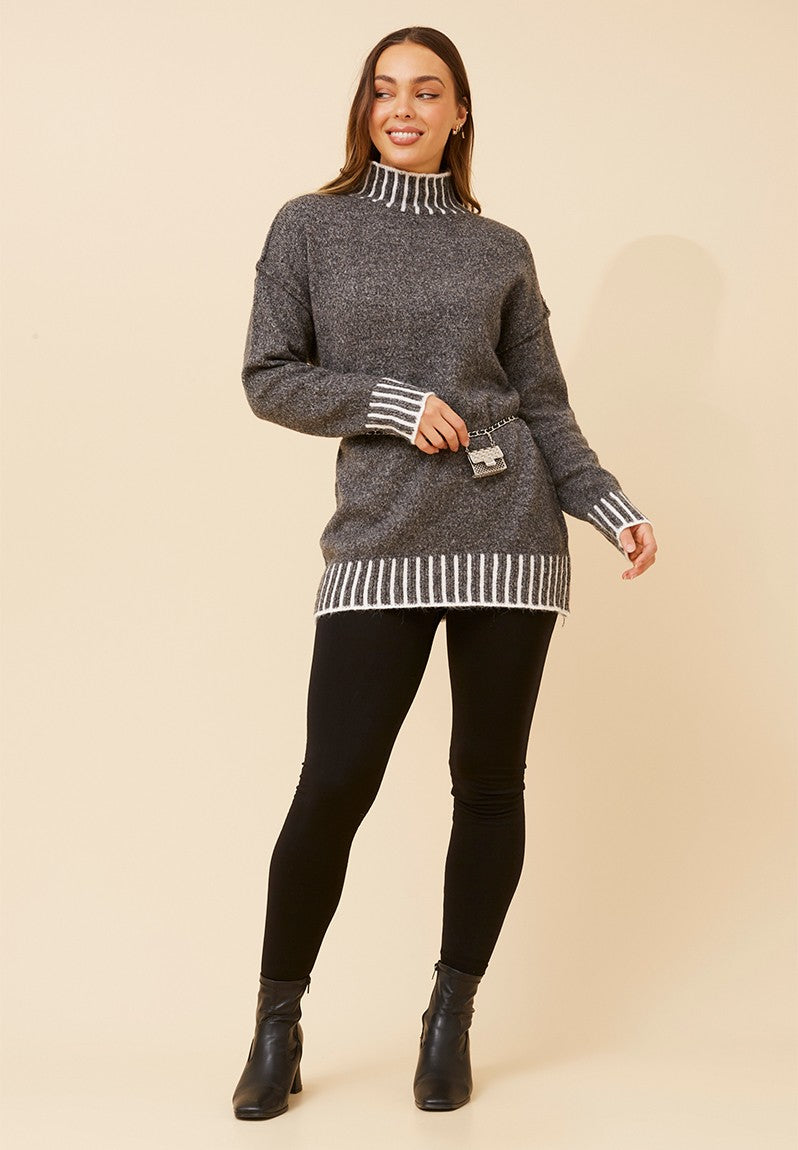 Izabel London Long Sleeve High Neck Extra Length Sweater In Charcoal