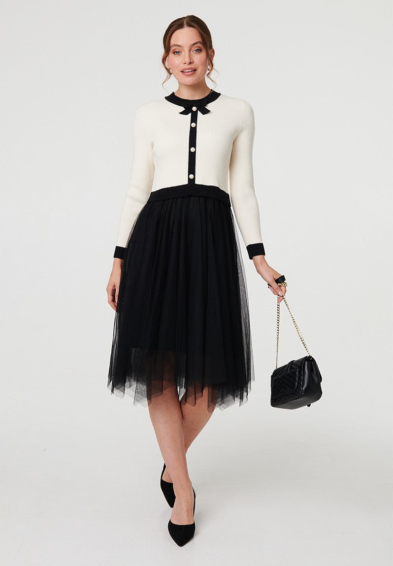 Stella Morgan Long Sleeve Combination Dress With Knitted In Black & White