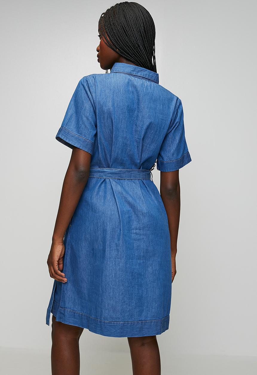Stella Morgan Womens Half Sleeve Button Through Dress In Mid Wash Denim
