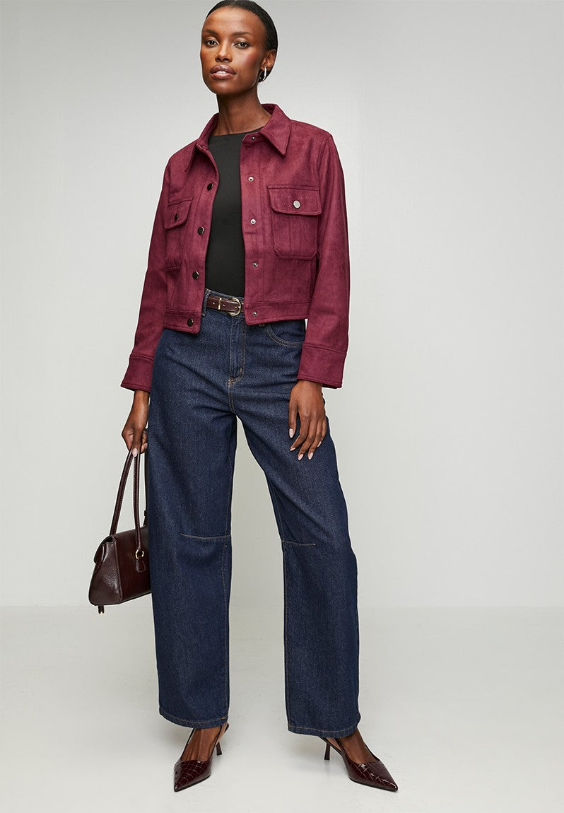Stella Morgan Long Sleeve Snap Button Crop Faux Suede Jacket In Purple