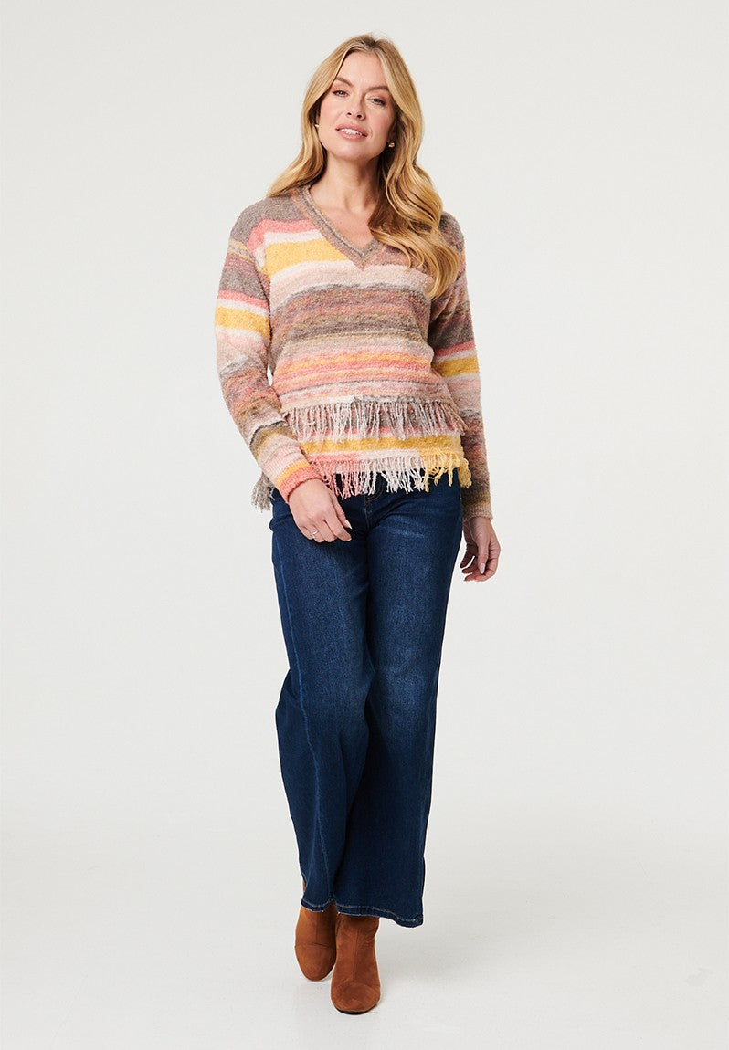 Mandi Long Sleeve V-Neck Ombre Effect Sweater With Fray In Multi