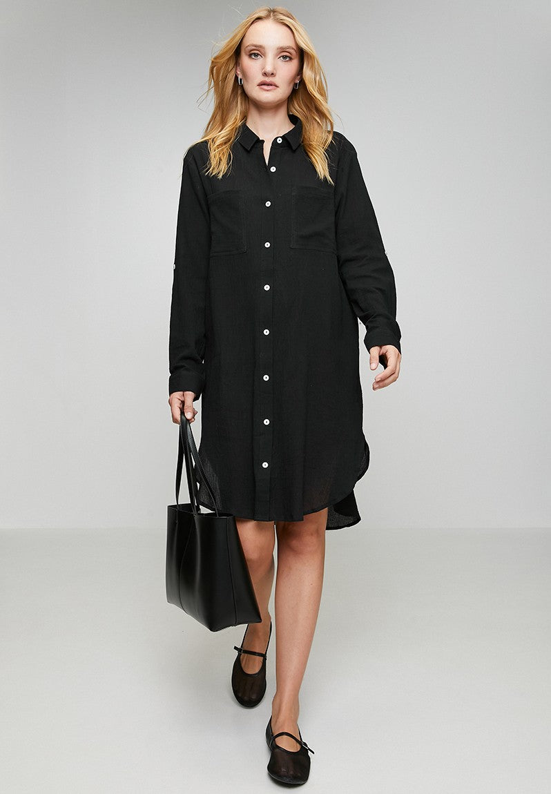 Izabel London Long sleeve Button Through Shirt Dress In Black