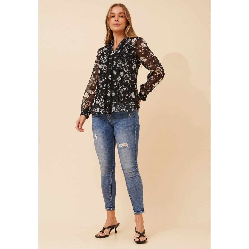 Mandi Floral Semi Sheer Layer Lace Blouse In Black