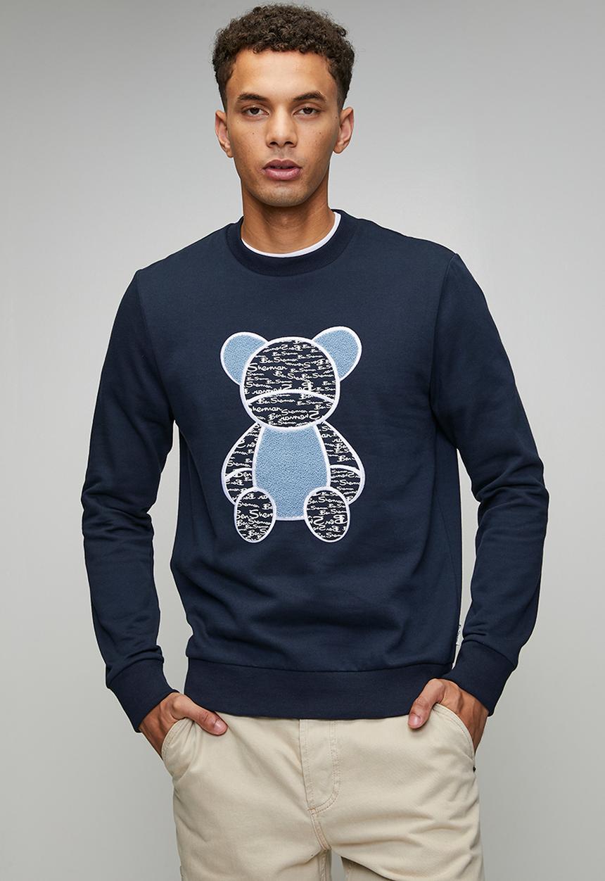 Ben Sherman Mens Bear Applique Fur Crew Sweatshirt In Navy