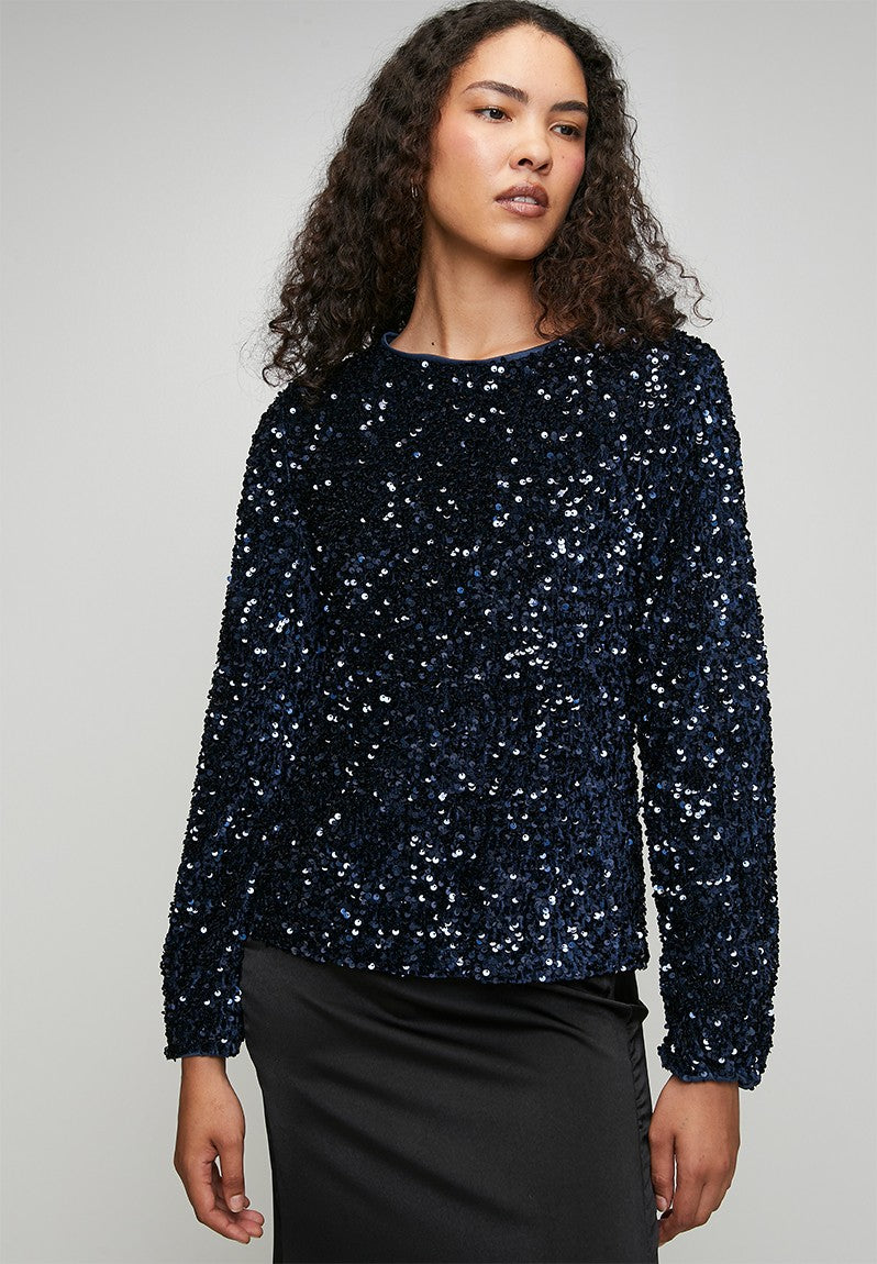 Stella Morgan Loose Crew Neck Sequin Top With Key Hole And Satin Bow At Back In Navy