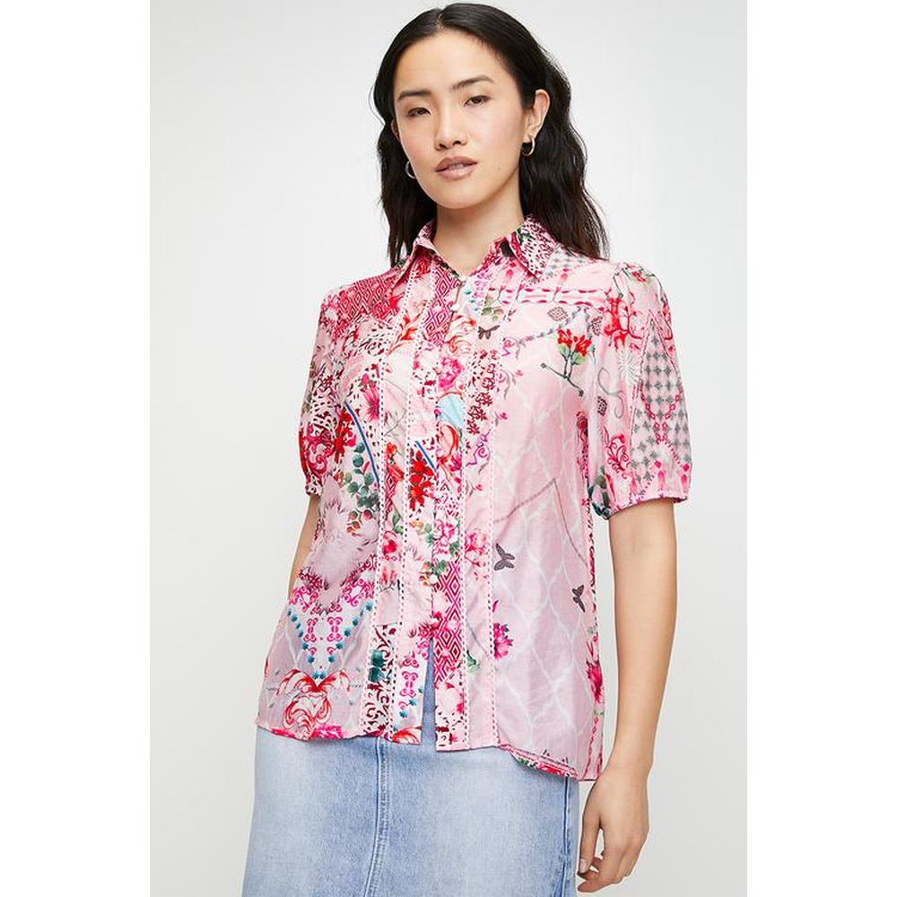 Stella Morgan Floral Short-Sleeve Button-Down Shirt In Pink Multi