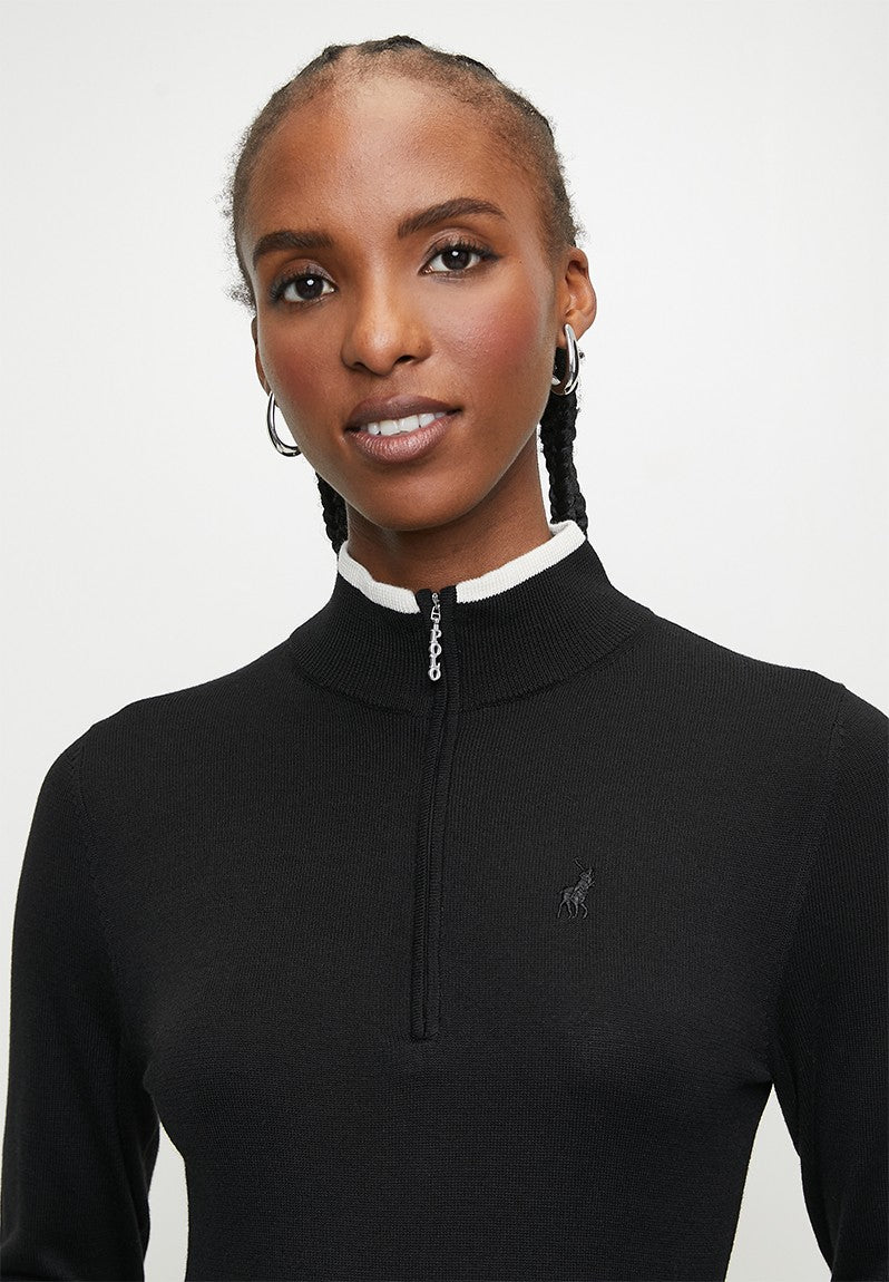 Polo Women Mya Long Sleeve Knit Pleated Black Dress