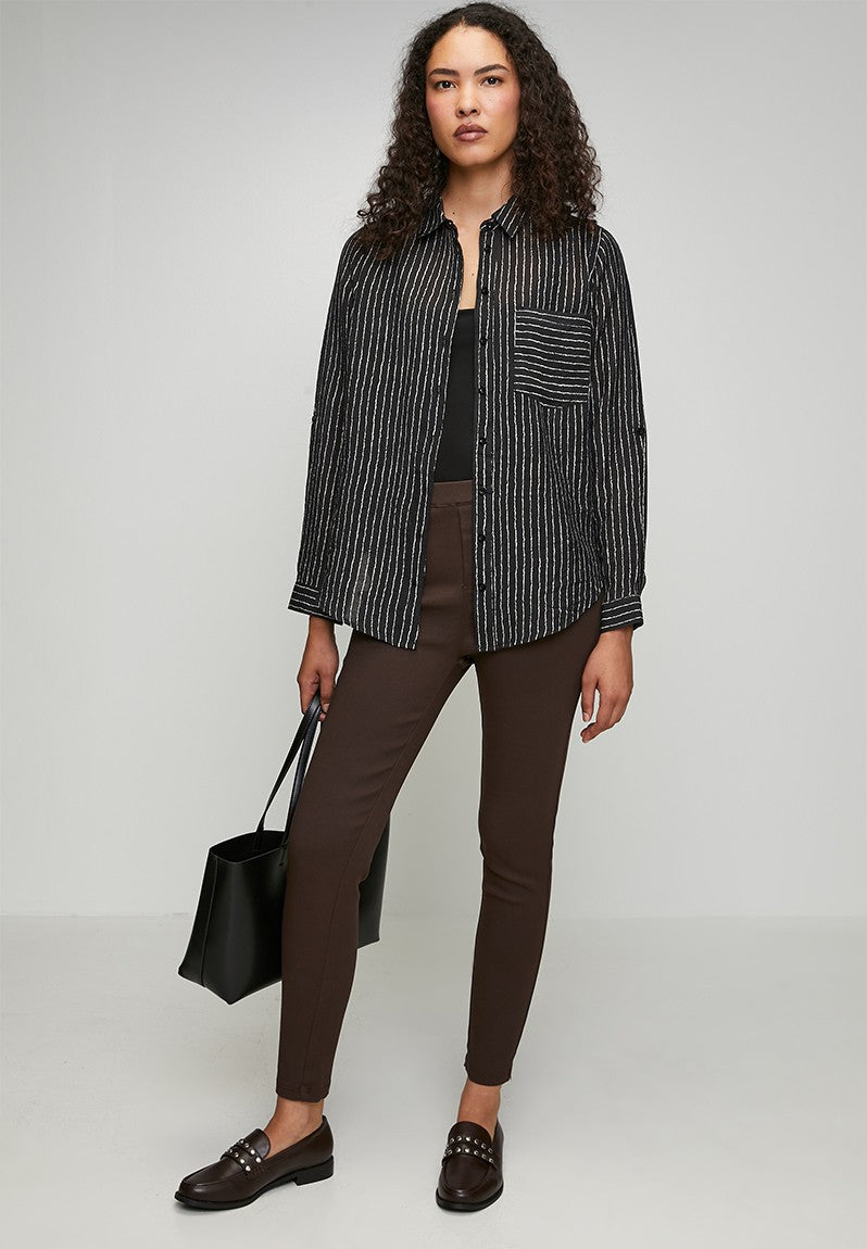 Stella Morgan Long Sleeve Button Through Sheer In Black
