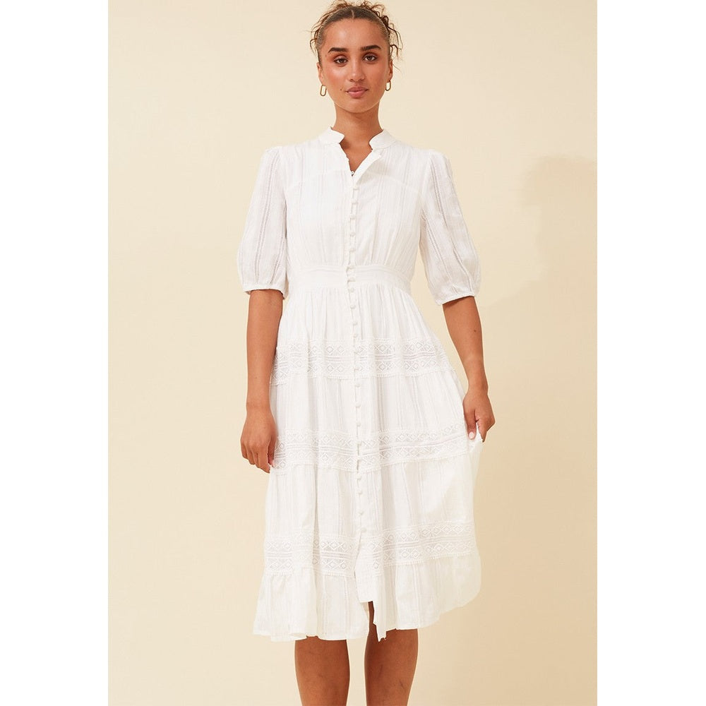 Izabel London Half Sleeve With Elastic Button Through Tiered Dress With Lace At Each Tier In White