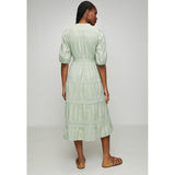 Izabel London Half Sleeve With Elastic Button Through Tiered Dress With Lace At Each Tier In Sage