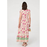 Stella Morgan Cap Sleeve With Flutter V-Neck Button Through Maxi Dress With Border Print Detail Pink Multi