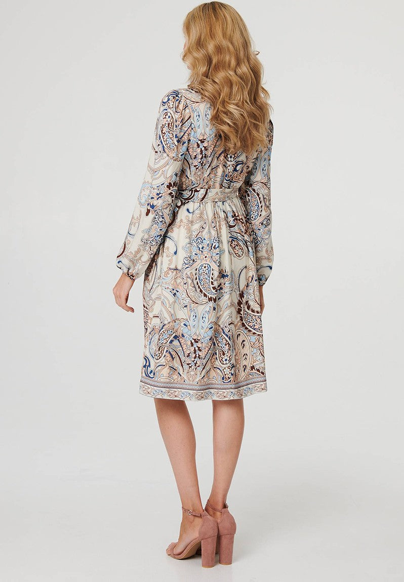 Stella Morgan Long Sleeve With Elastic At Cuff V-Neck Dress In Multi