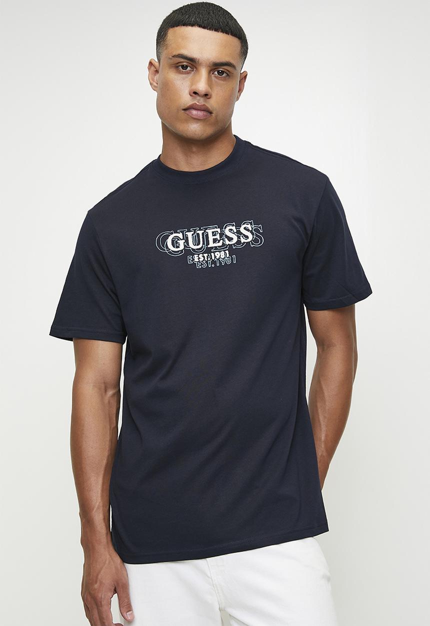 Guess Mens Ss Logo Tee Navy