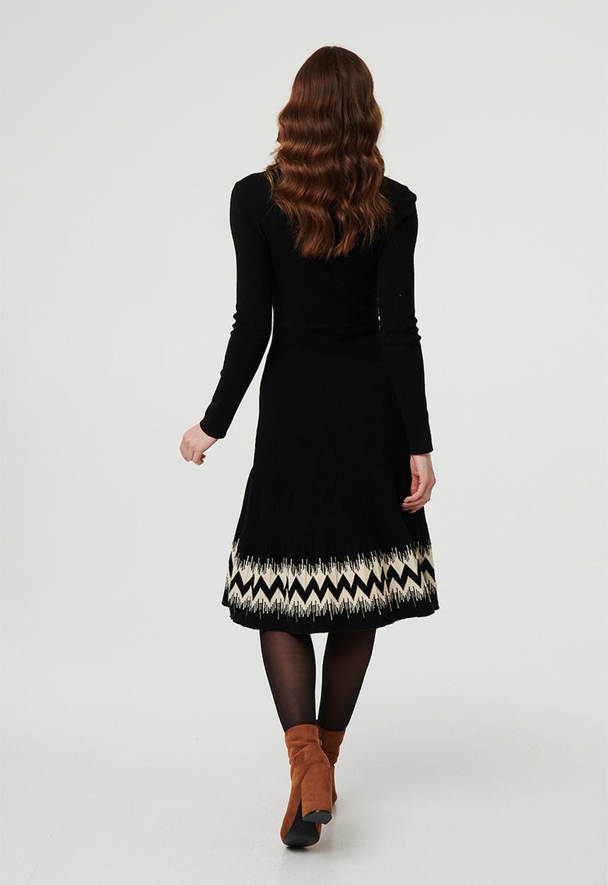 Izabel London Womens Crew Neck Dress With Pattern At Hem In Black