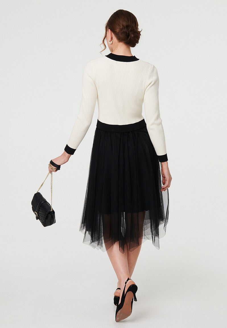 Stella Morgan Long Sleeve Combination Dress With Knitted In Black & White