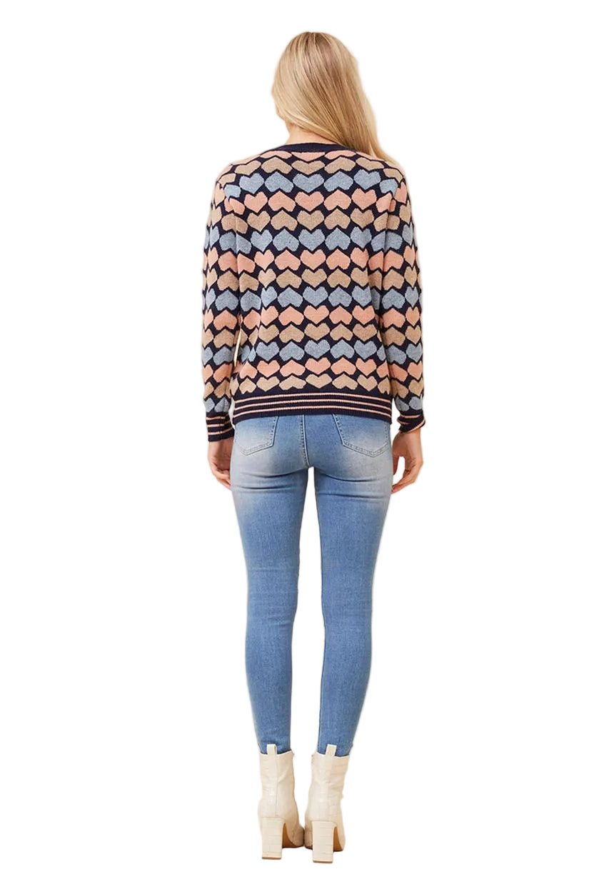 Mandi Womens Crew Neck Heart Intasia Design Sweater In Navy
