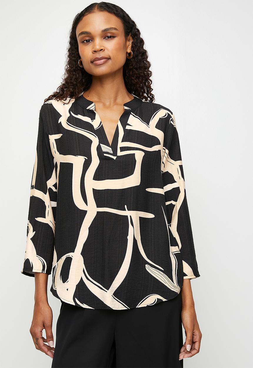 Izabel London Ladies 3/4 Sleeve Key Hole Neck Blouse In Black Multi