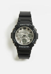 Casio Mens Anadigi Silver Case And Black Resin Band Watch