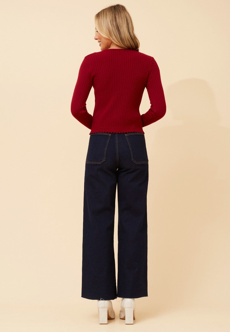 Stella Morgan Long Sleeve Cardigan Round Neck Cropped In Red