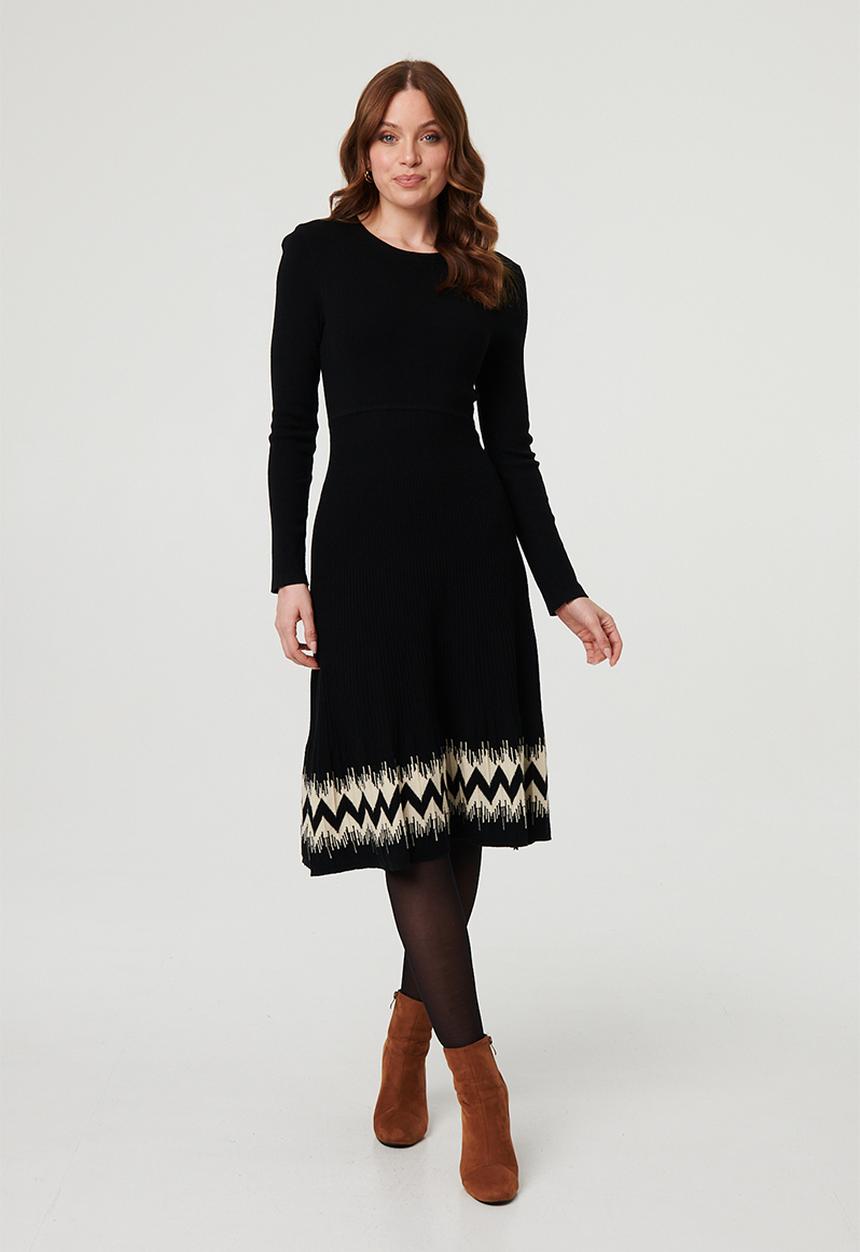 Izabel London Womens Crew Neck Dress With Pattern At Hem In Black