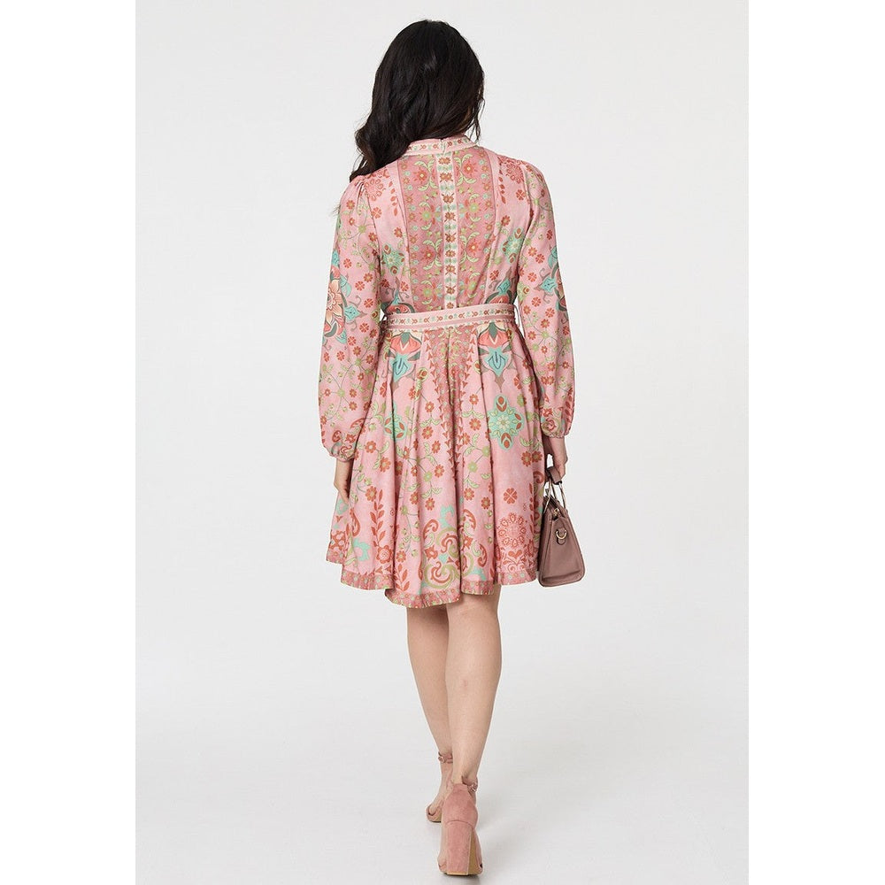 Stella Morgan Womens Long Sleeves With Elastic At Cuff Button Through Dress In Rust Multi