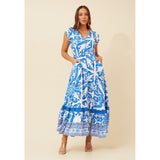Stella Morgan Cap Sleeve Maxi Dress With Border Print Detail In Blue Multi