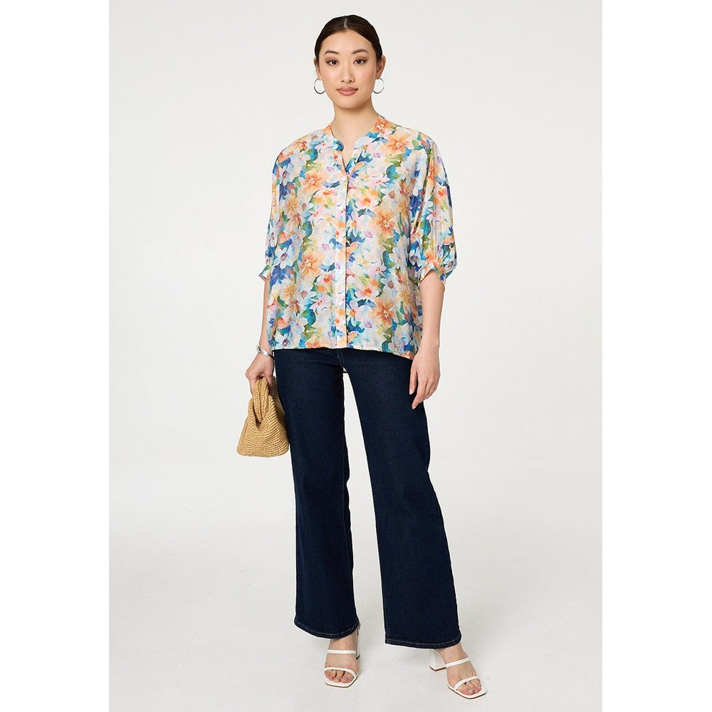 Stella Morgan Half Sleeve Batwing Easy Wearing Printed Sheer Blouse With Back Button Stand Detail In Blue Multi