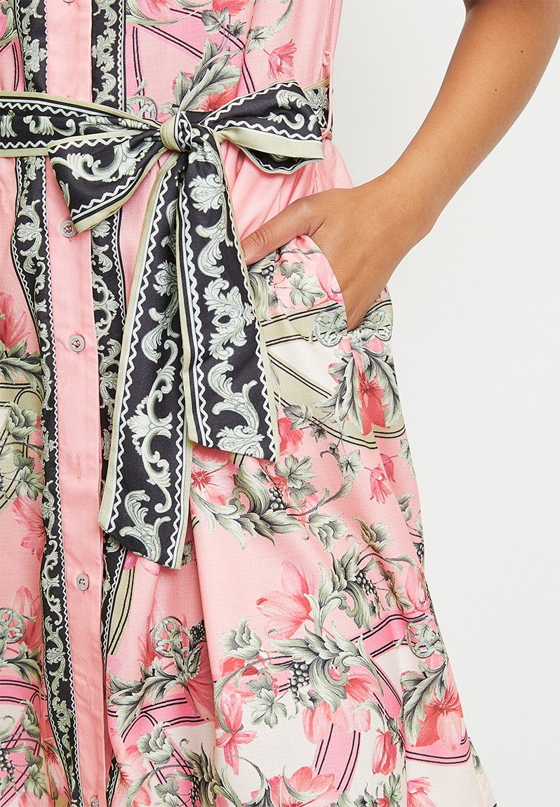Stella Morgan Half Sleeve Puff Sleeve Border Print Dress In Coral