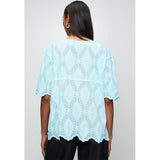 Stella Morgan Half Sleeve With Scallop Hem V-Neck Button Through Blouse In Blue