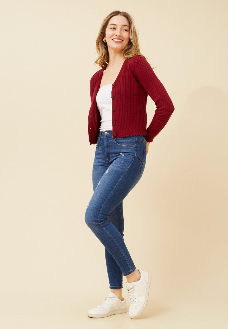 Stella Morgan Long Sleeve Cardigan Round Neck Cropped In Red