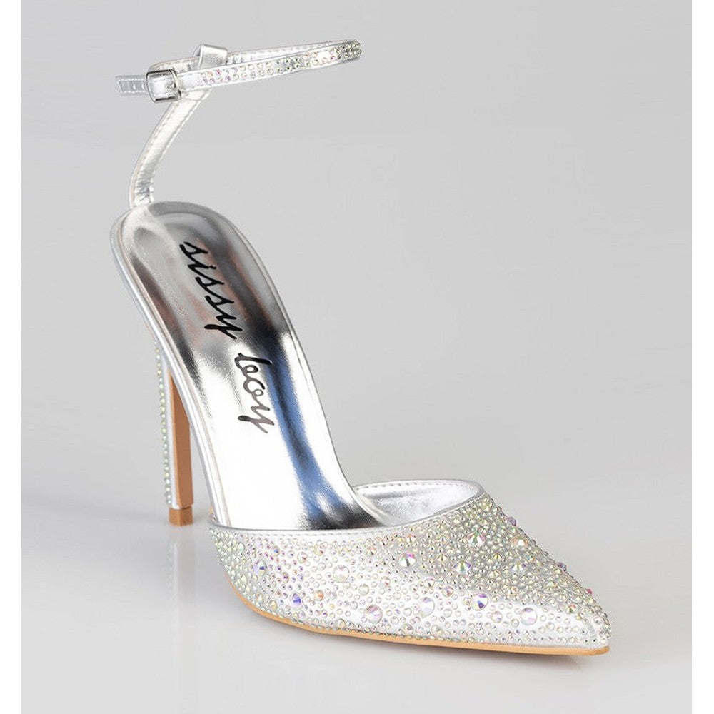 Sissy Boy Bling Ankle Tie Court Heel In Silver