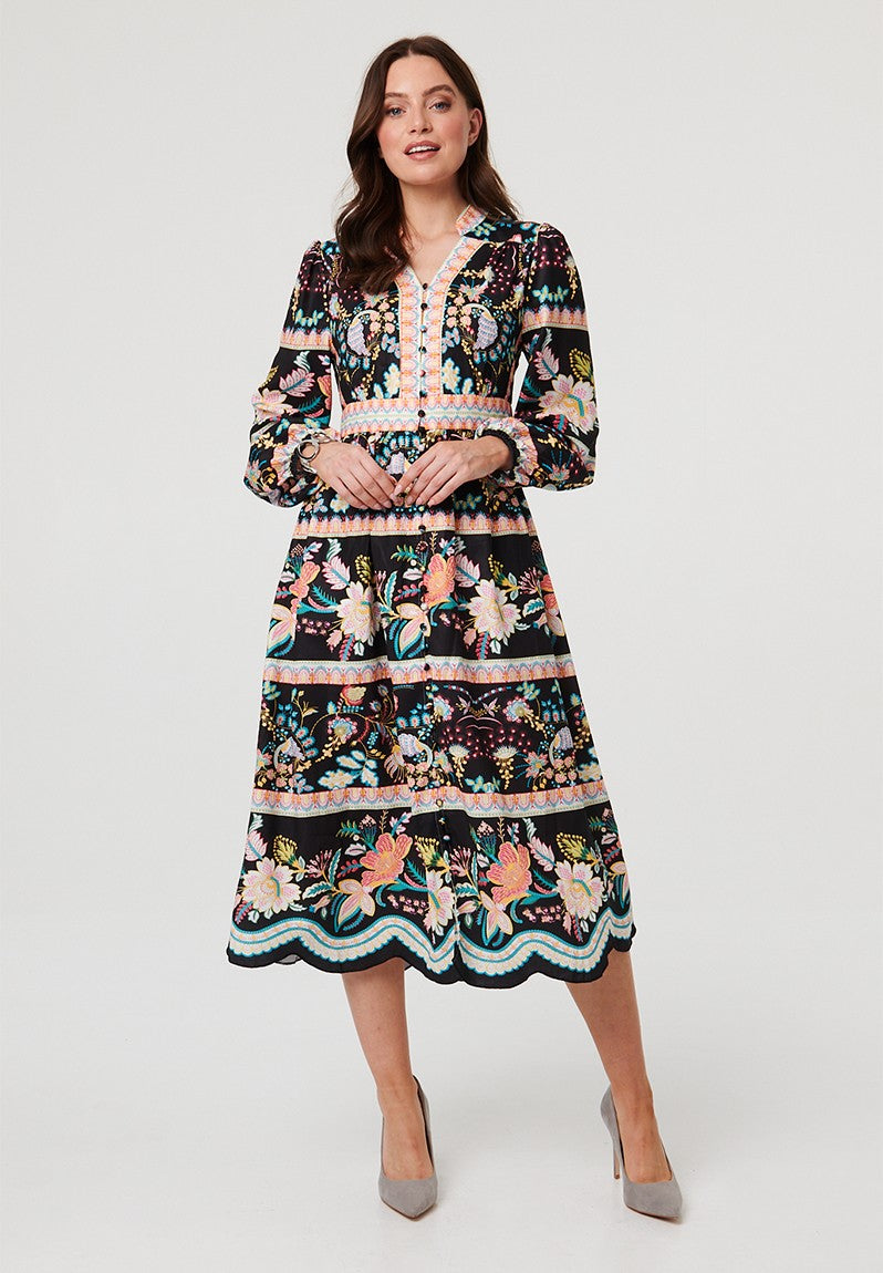 Stella Morgan Long Sleeve Multi Tier Button Down Dress In Black Multi