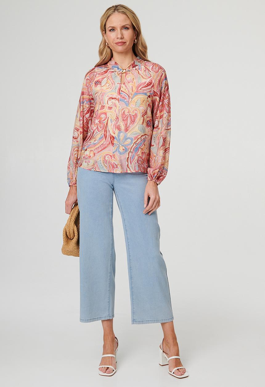 Mandi Womens Long Sleeeve Blouse With Keyhole Neckline In Multi Pink