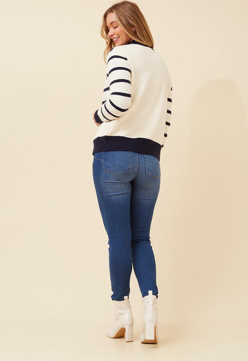 Izabel London Ladies Log Sleeve V-Neck Stripe Jersey In Ivory