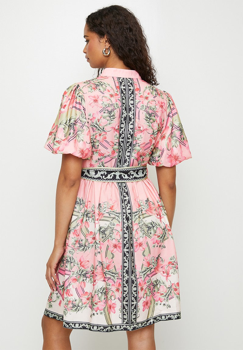 Stella Morgan Half Sleeve Puff Sleeve Border Print Dress In Coral