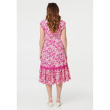 Izabel London Cap Sleeve With Flutter V-Neck Button Through Midi Dress Printed In Pink