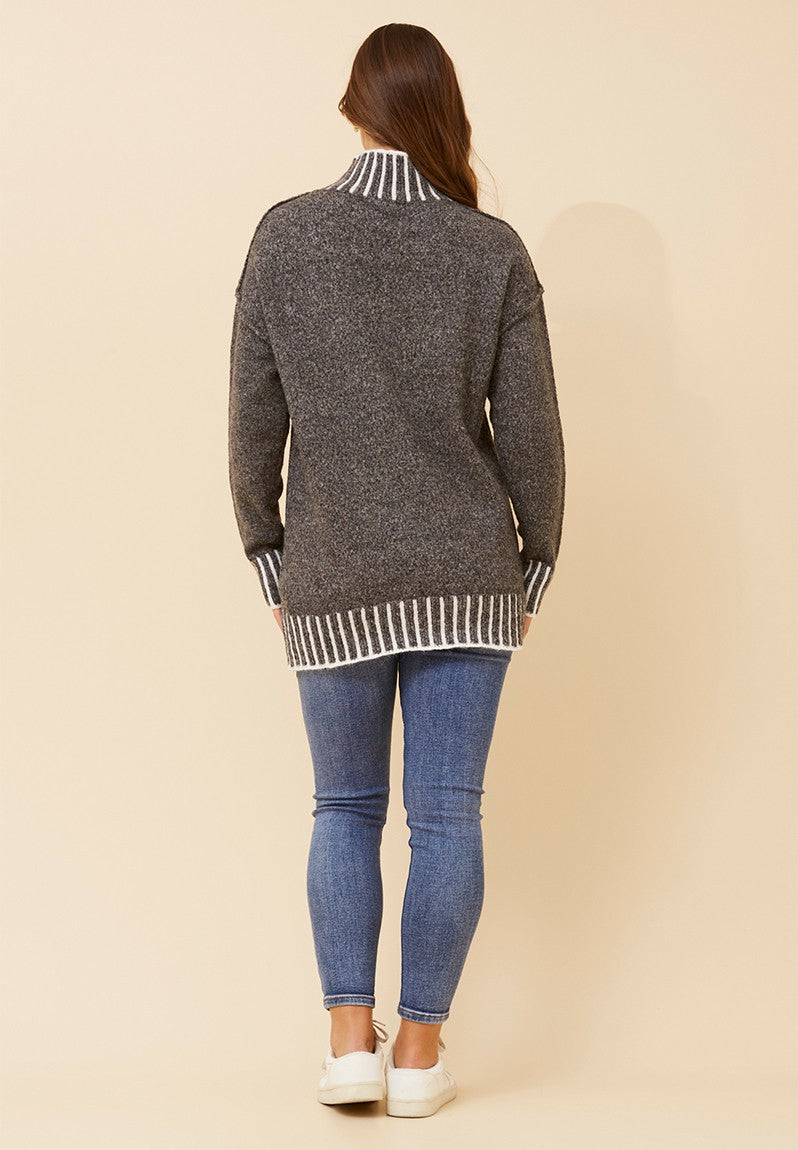 Izabel London Long Sleeve High Neck Extra Length Sweater In Charcoal