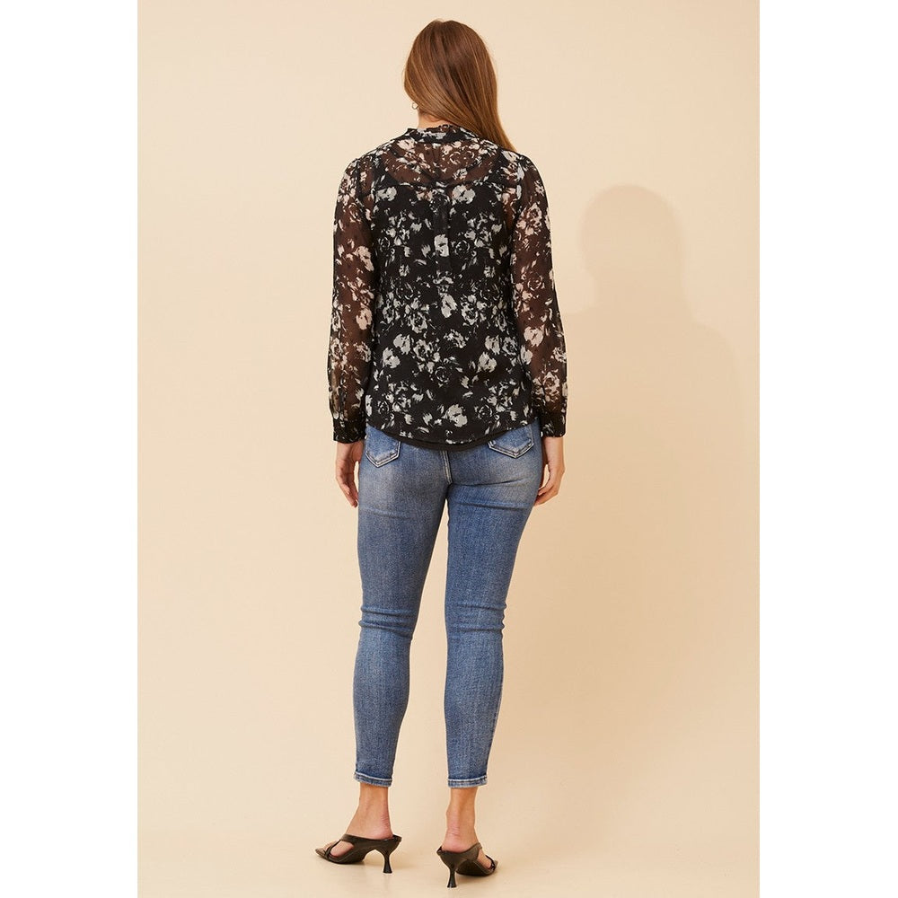 Mandi Floral Semi Sheer Layer Lace Blouse In Black