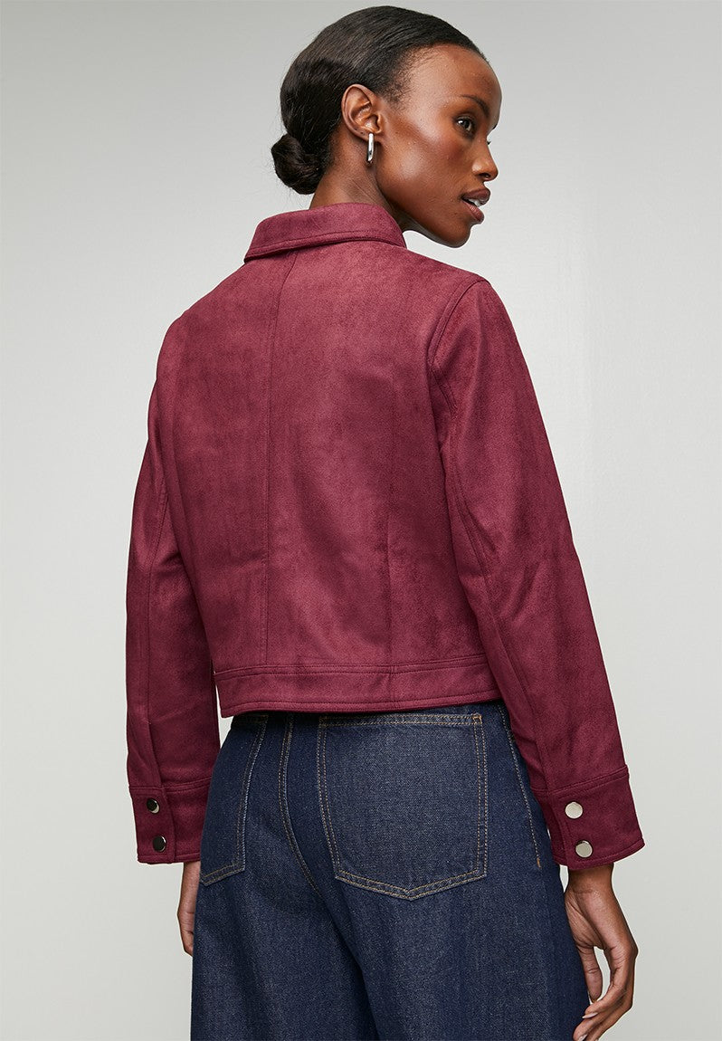 Stella Morgan Long Sleeve Snap Button Crop Faux Suede Jacket In Purple