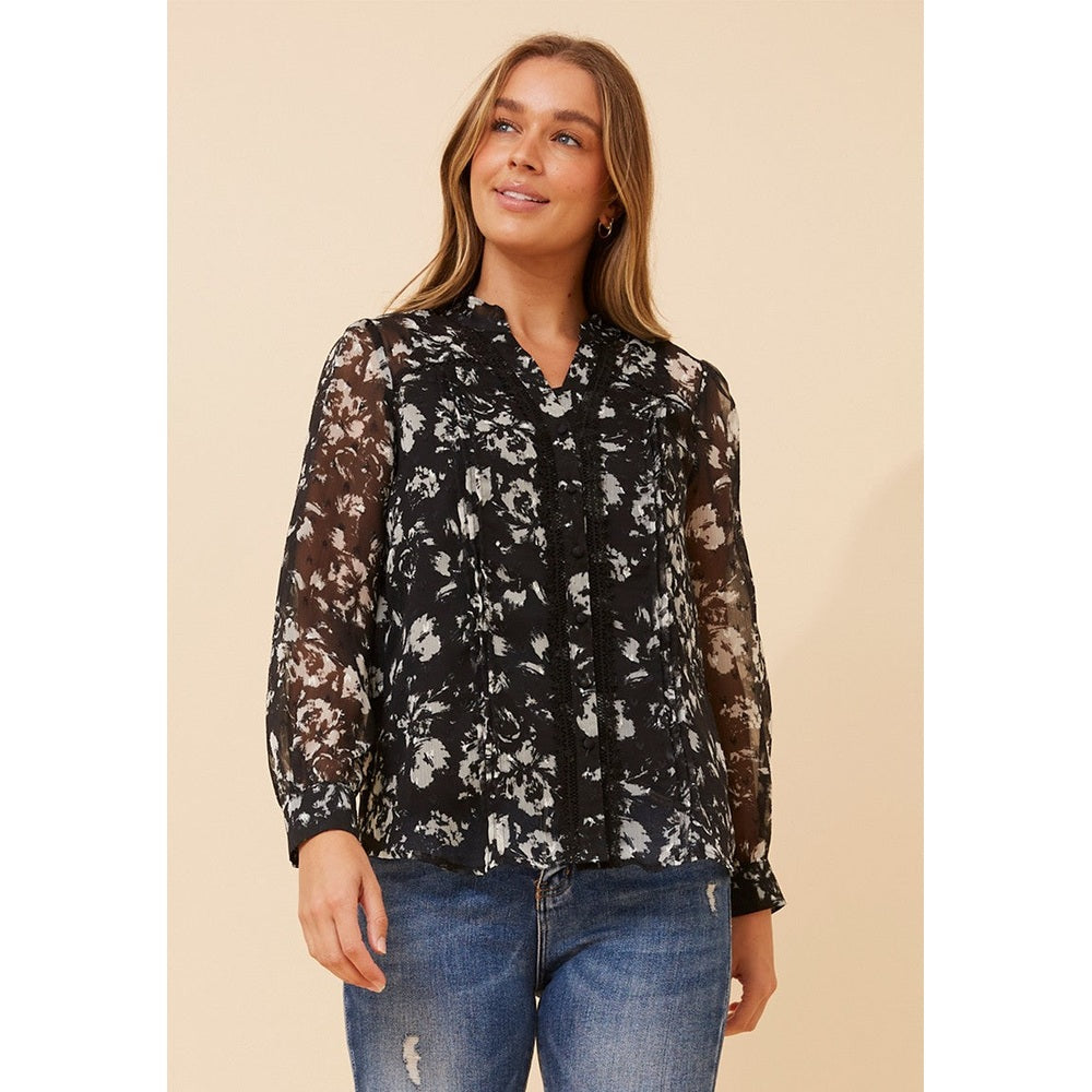Mandi Floral Semi Sheer Layer Lace Blouse In Black