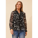 Mandi Floral Semi Sheer Layer Lace Blouse In Black