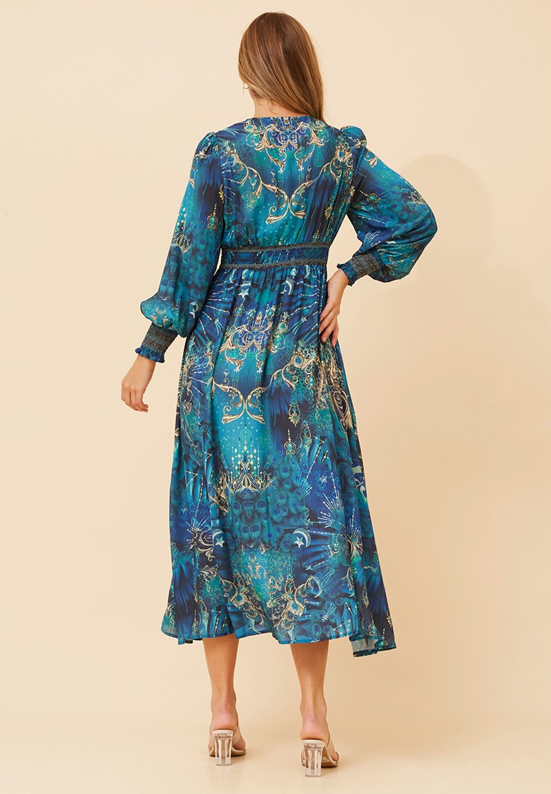 Stella Morgan Long Sleeve V-Neck Sheer Maxi Dress In Blue