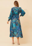 Stella Morgan Long Sleeve V-Neck Sheer Maxi Dress In Blue