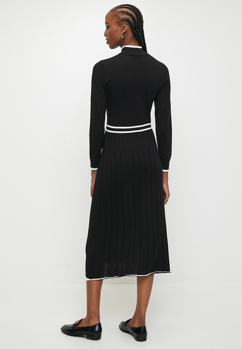 Polo Women Mya Long Sleeve Knit Pleated Black Dress