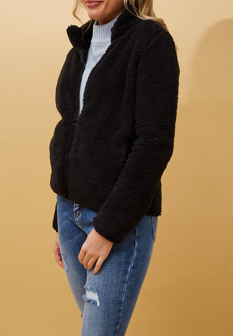 Izabel London Long Sleeve Zip Through Teddy Jacket In Black