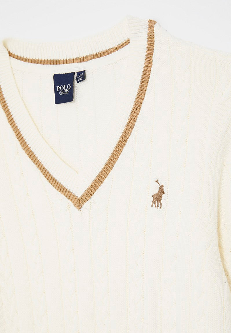 Polo Boys V-Neck Cable Knit Jersey In Off White