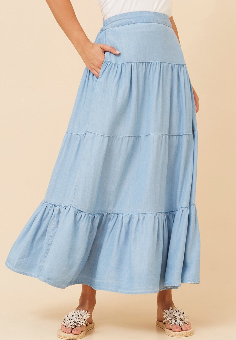 Stella Morgan High Waist Multi Tier Skirt In Mid Denim