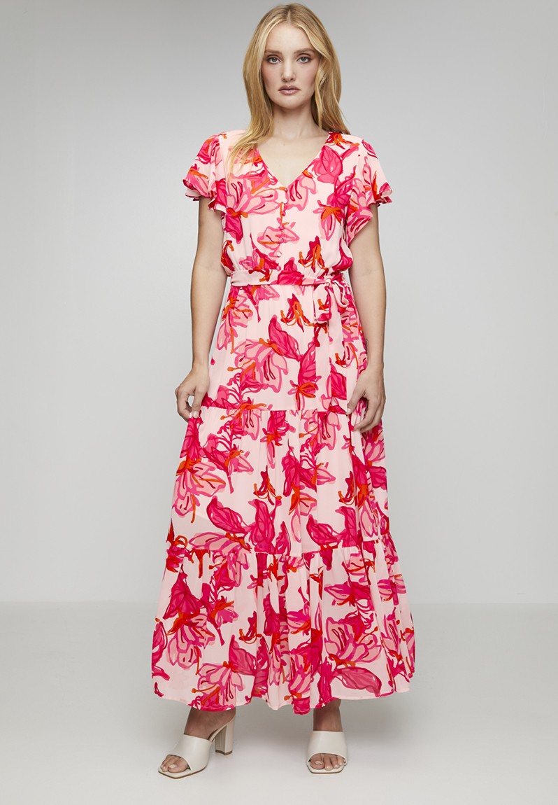 Stella Morgan Cap Sleeve V-Neck Maxi Dress In Red Multi